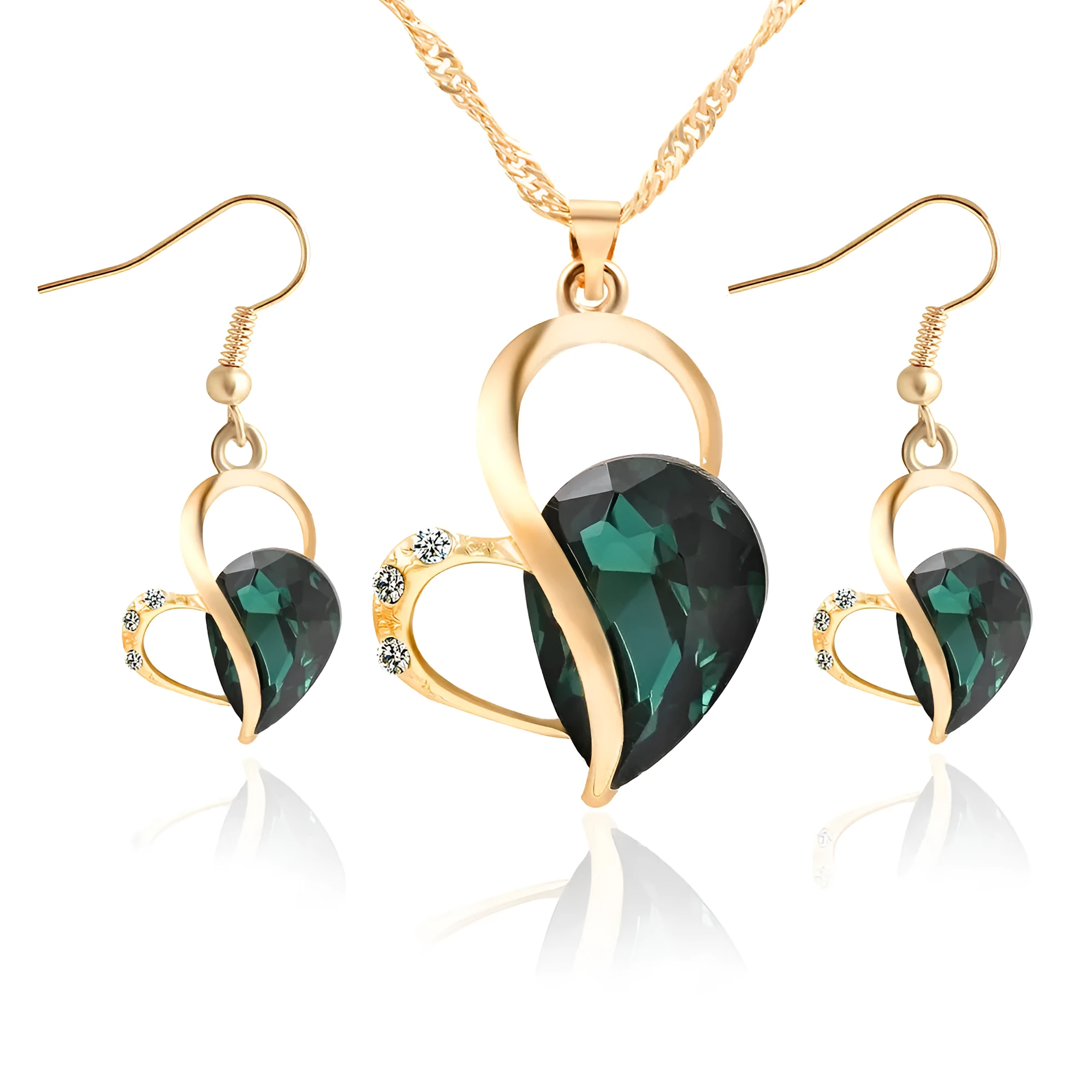 Love Drops heart and pearl alloy jewellery set in Korean style, blue colour variant, with necklace and earrings