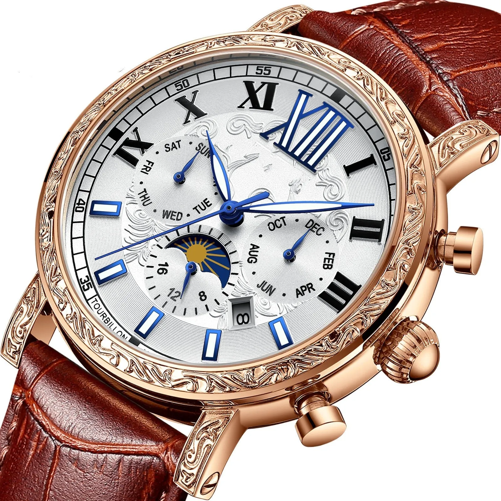 Men's automatic mechanical watch with hollow flywheel, night glow, lunar phase, and calendar on a brown leather strap