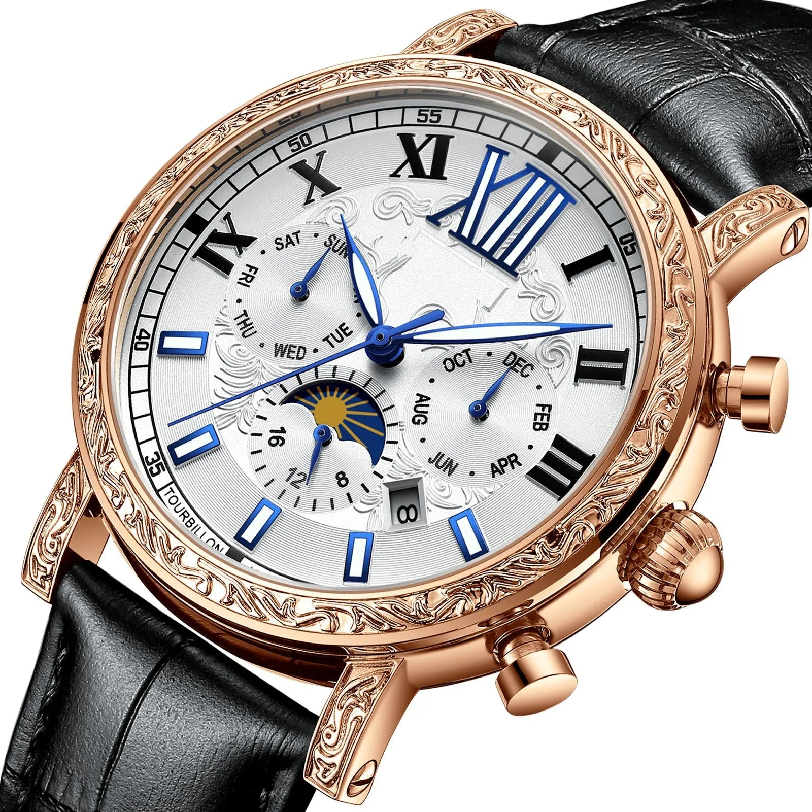 Men's automatic mechanical watch with hollow flywheel, night glow, lunar phase, and calendar on a brown leather strap