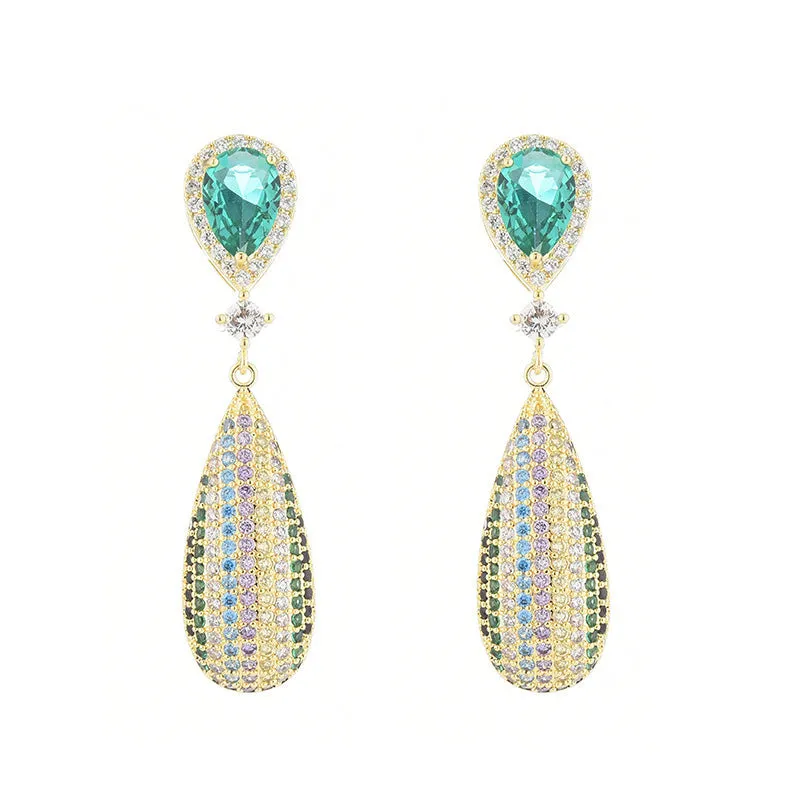 Copper drop shape earrings with inlaid zircon and gold-plated finish in 18K gold colour