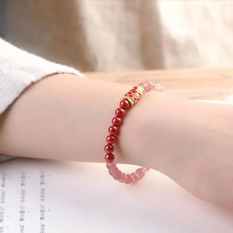Koi purple cinnabar and strawberry quartz bracelet with retro style and adjustable fit for women