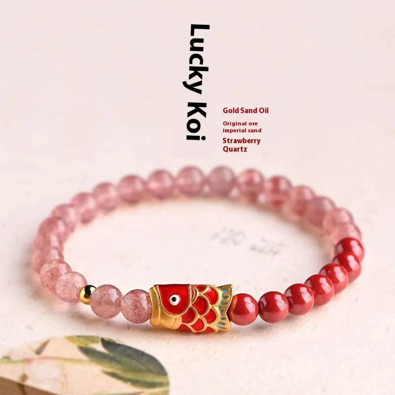 Koi purple cinnabar and strawberry quartz bracelet with retro style and adjustable fit for women
