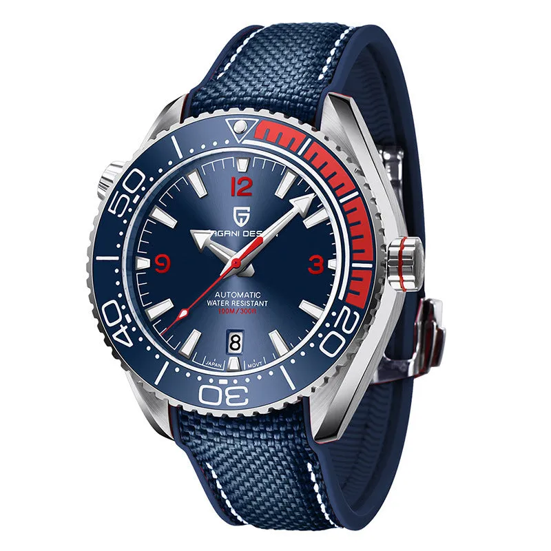 Men's mechanical watch with rotatable digital bezel, luminous dial, synthetic sapphire glass, and nylon rubber strap