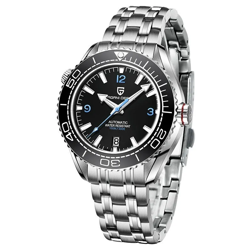 Men's mechanical watch with rotatable digital bezel, luminous dial, synthetic sapphire glass, and nylon rubber strap