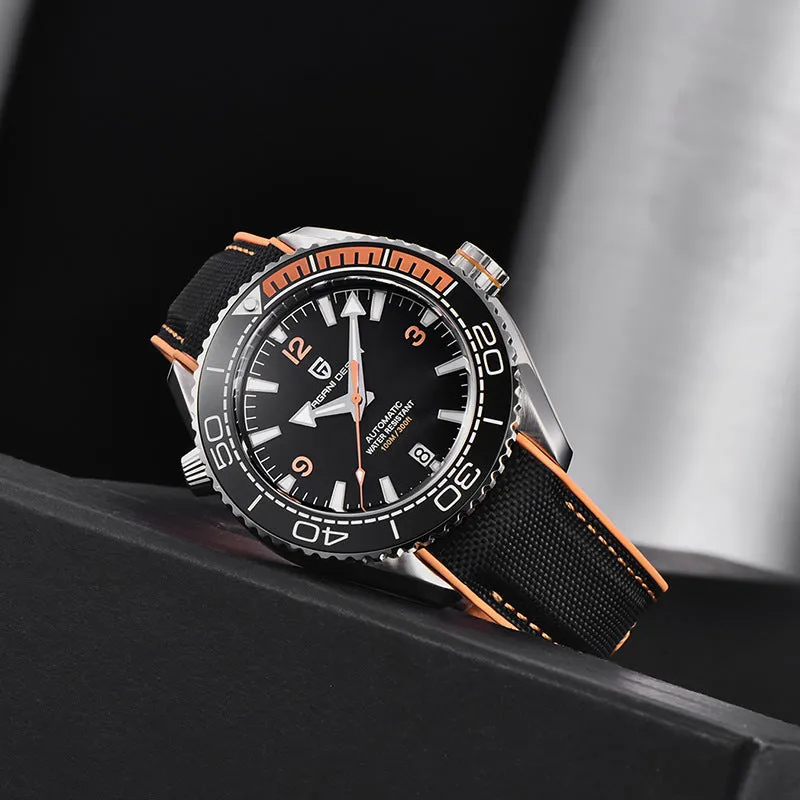 Men's mechanical watch with rotatable digital bezel, luminous dial, synthetic sapphire glass, and nylon rubber strap