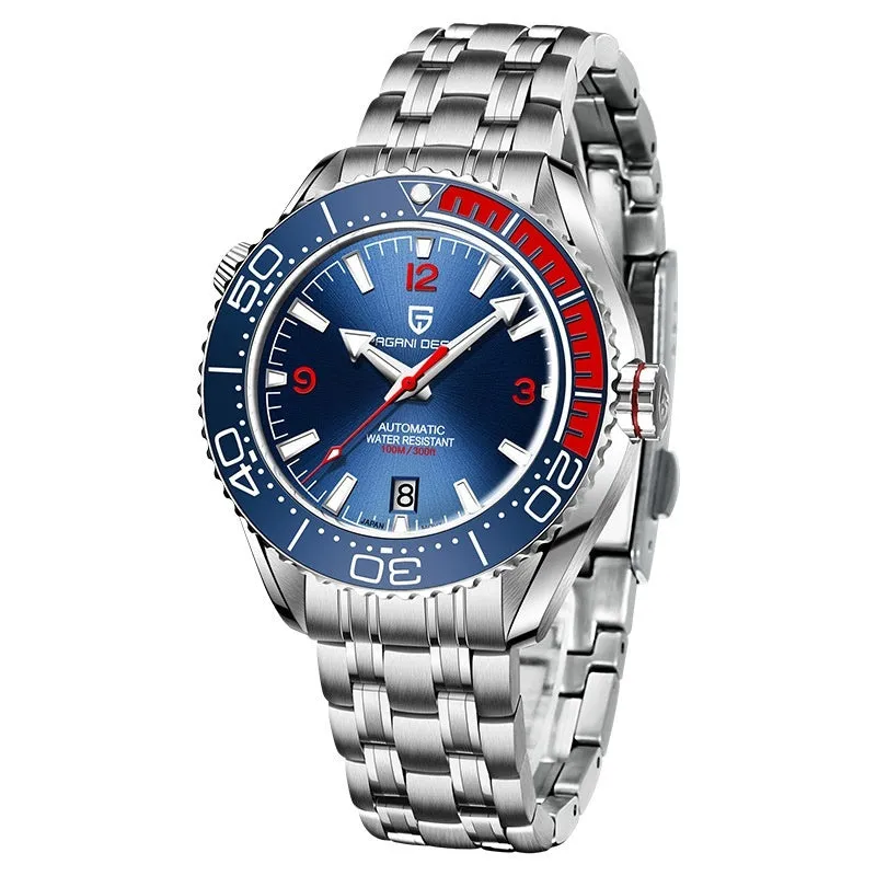 Men's mechanical watch with rotatable digital bezel, luminous dial, synthetic sapphire glass, and nylon rubber strap