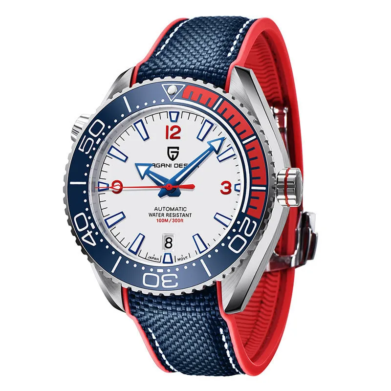 Men's mechanical watch with rotatable digital bezel, luminous dial, synthetic sapphire glass, and nylon rubber strap