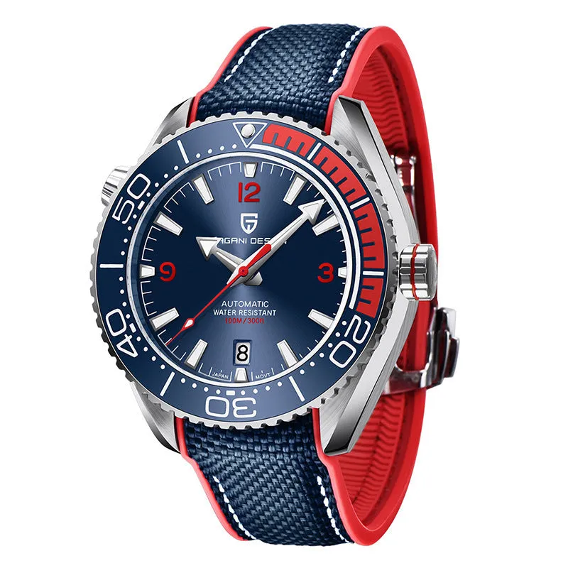 Men's mechanical watch with rotatable digital bezel, luminous dial, synthetic sapphire glass, and nylon rubber strap