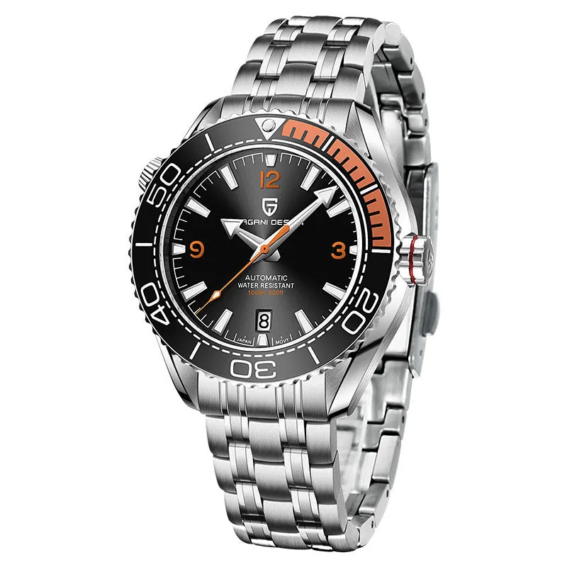 Men's mechanical watch with rotatable digital bezel, luminous dial, synthetic sapphire glass, and nylon rubber strap