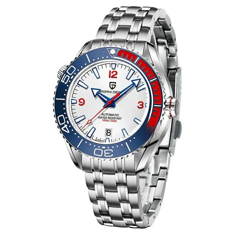 Men's mechanical watch with rotatable digital bezel, luminous dial, synthetic sapphire glass, and nylon rubber strap