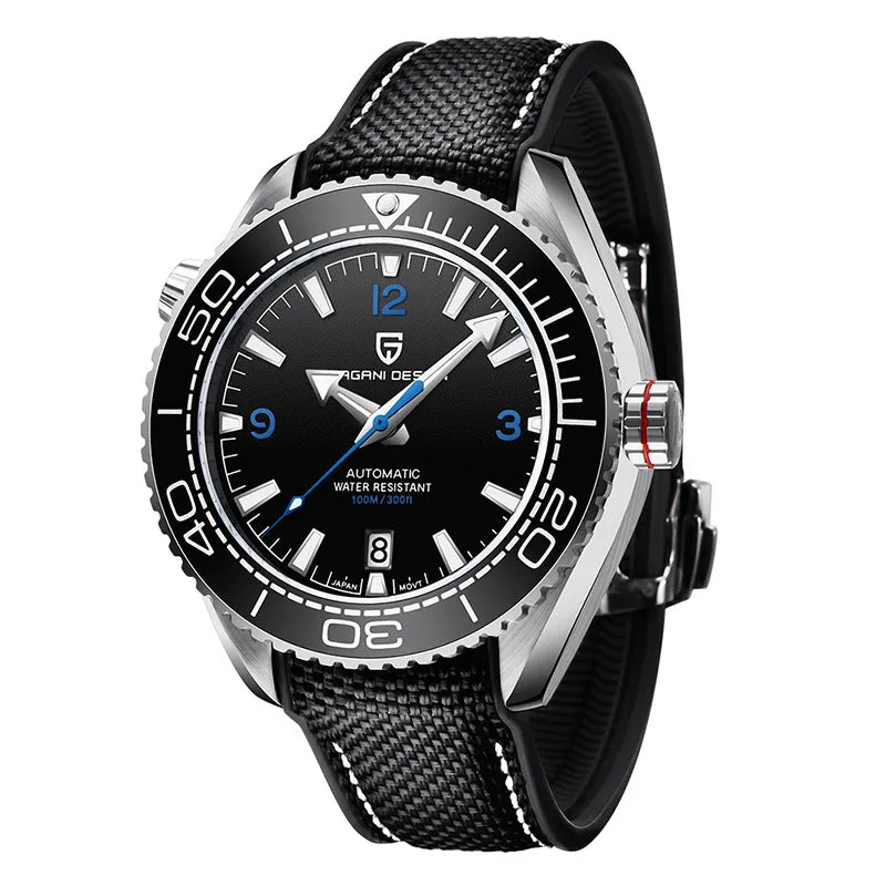 Men's mechanical watch with rotatable digital bezel, luminous dial, synthetic sapphire glass, and nylon rubber strap