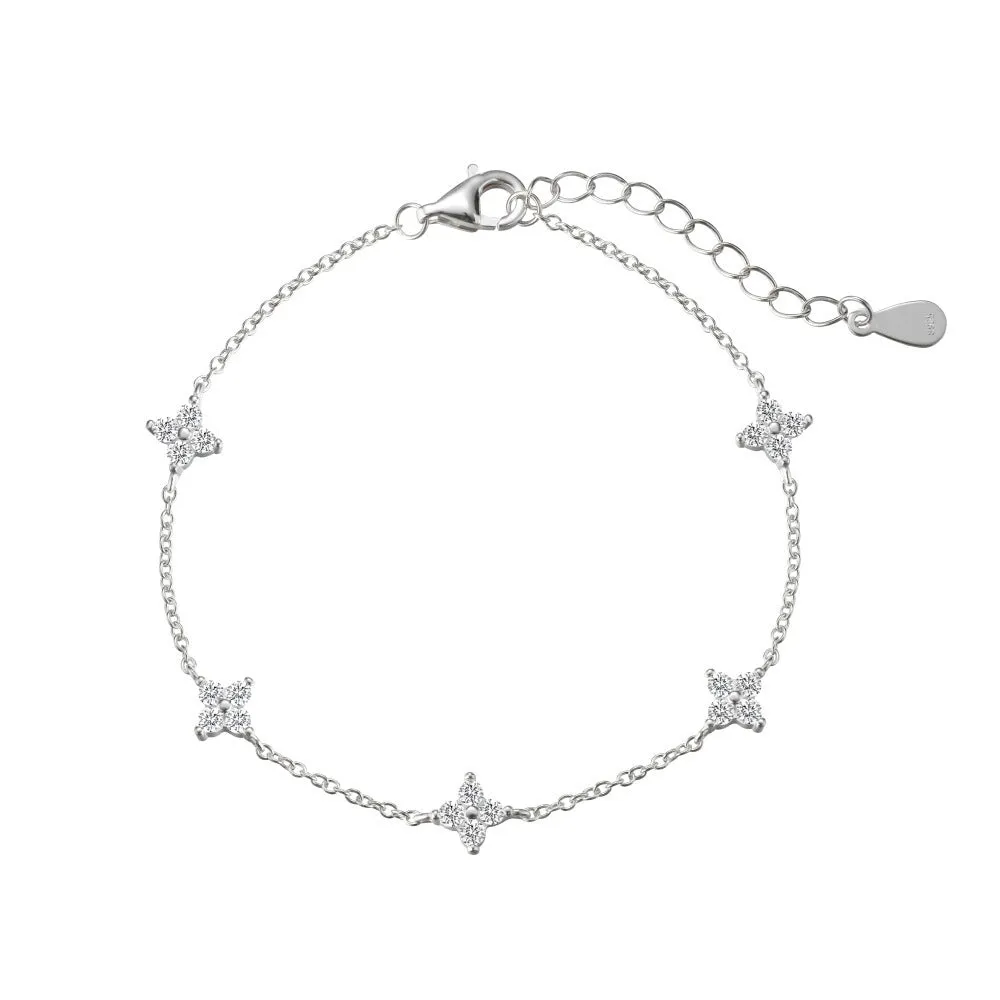 S925 sterling silver necklace and bracelet set with starry zircon design, platinum colour, clavicle chain style