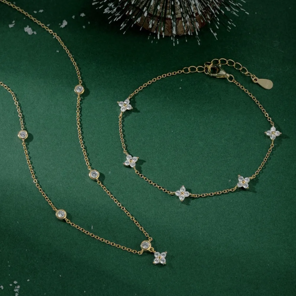 S925 sterling silver necklace and bracelet set with starry zircon design, platinum colour, clavicle chain style