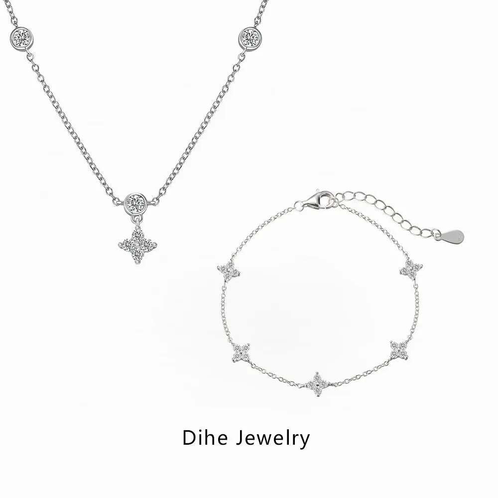 S925 sterling silver necklace and bracelet set with starry zircon design, platinum colour, clavicle chain style