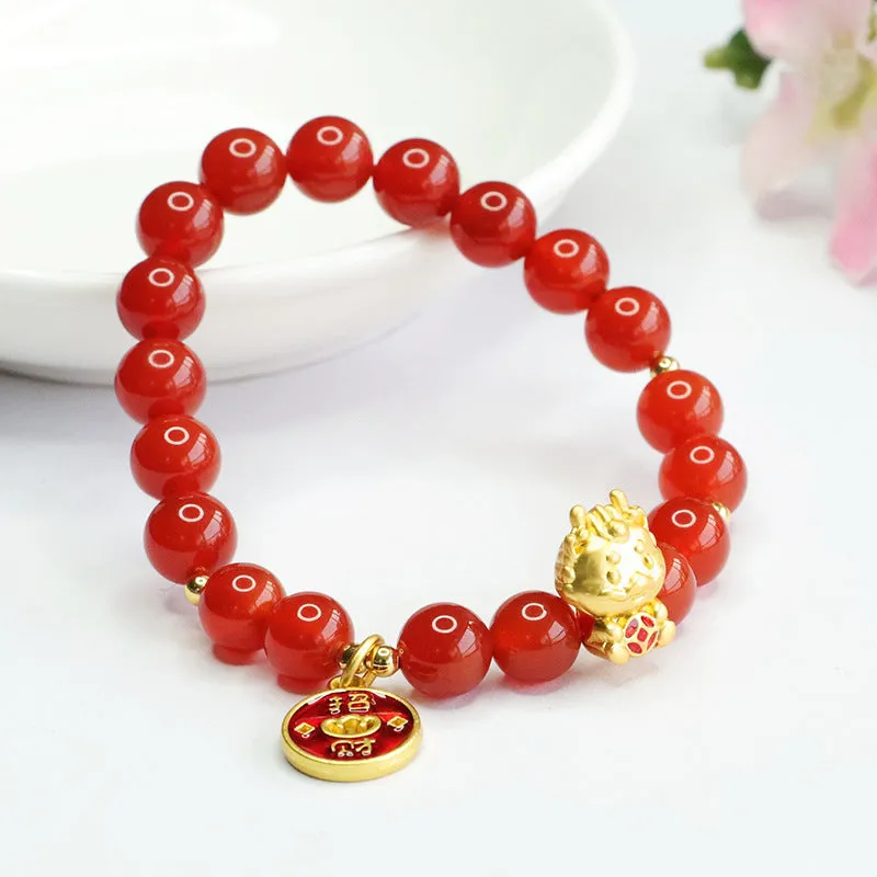 Close-up of a red agate bead dragon zodiac bracelet on a wrist, showing 8mm beads and Chinese style design.