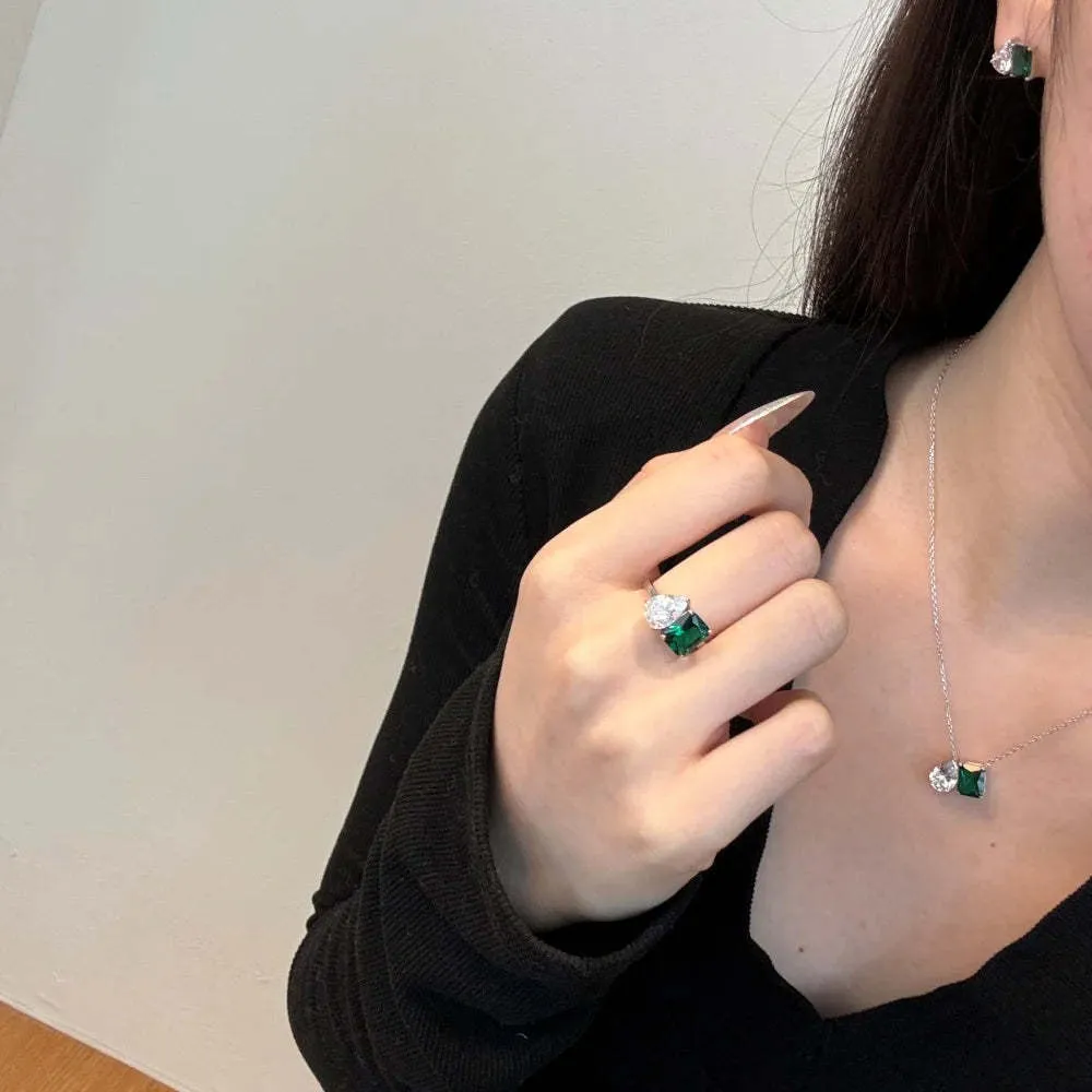 S925 silver double main stone rectangular water drop necklace with platinum finish on O-ring chain