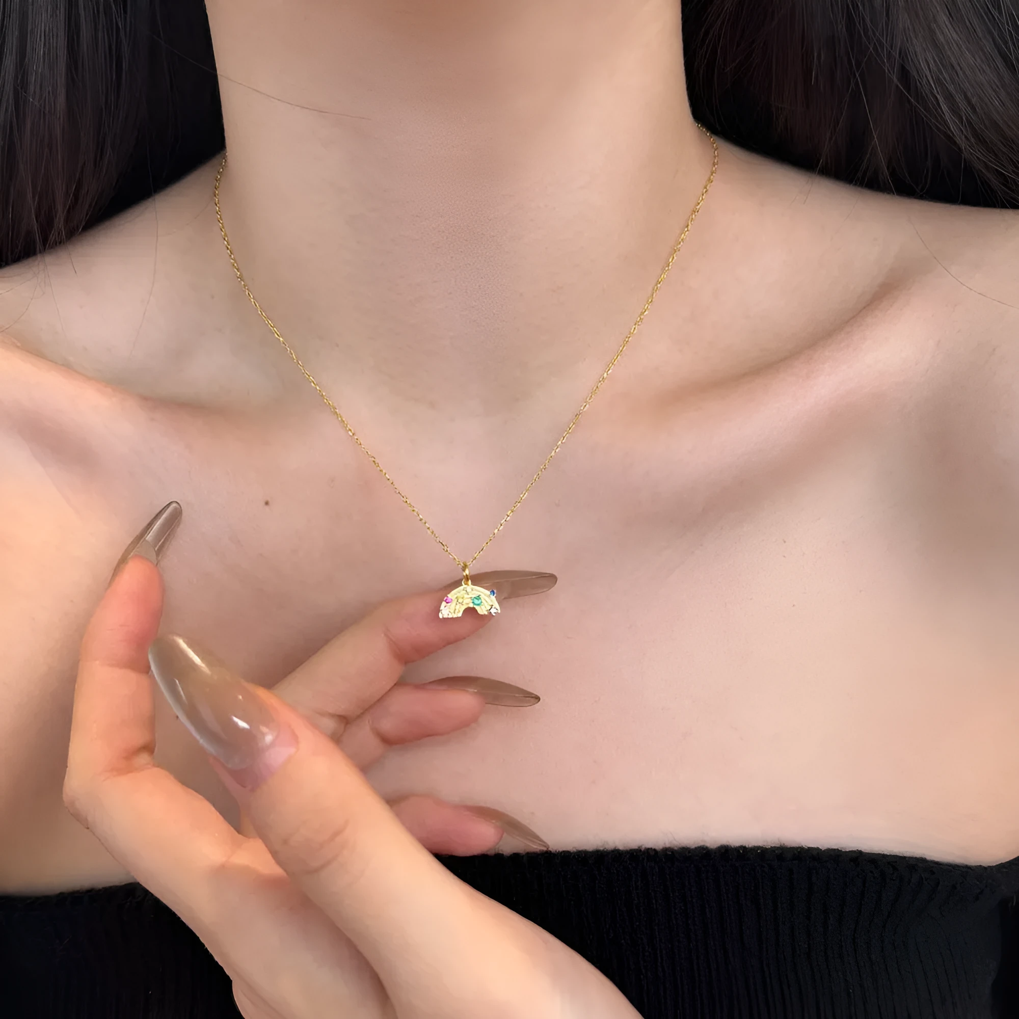 S925 sterling silver necklace with rainbow inlaid U-shaped geometric pendant on clavicle chain in platinum finish