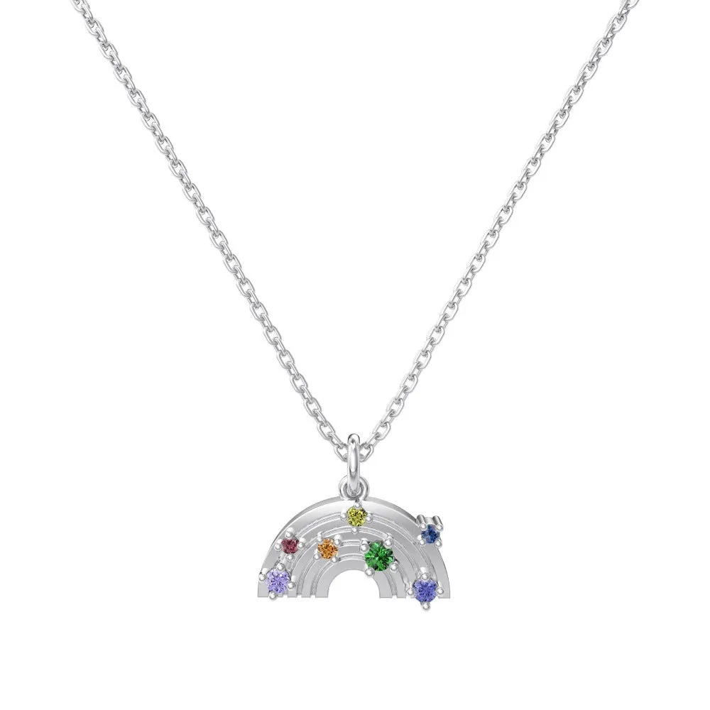 S925 sterling silver necklace with rainbow inlaid U-shaped geometric pendant on clavicle chain in platinum finish