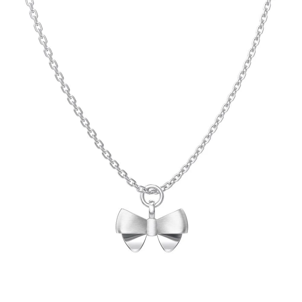 925 silver matte bow necklace with electroplated gold finish on display