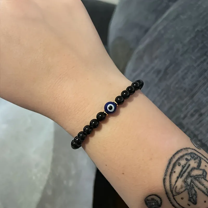 Fashion Devil's Eye 8mm obsidian beaded bracelet for men, geometric black evil eye design