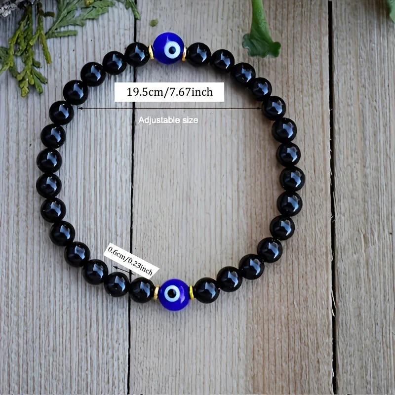 Fashion Devil's Eye 8mm obsidian beaded bracelet for men, geometric black evil eye design