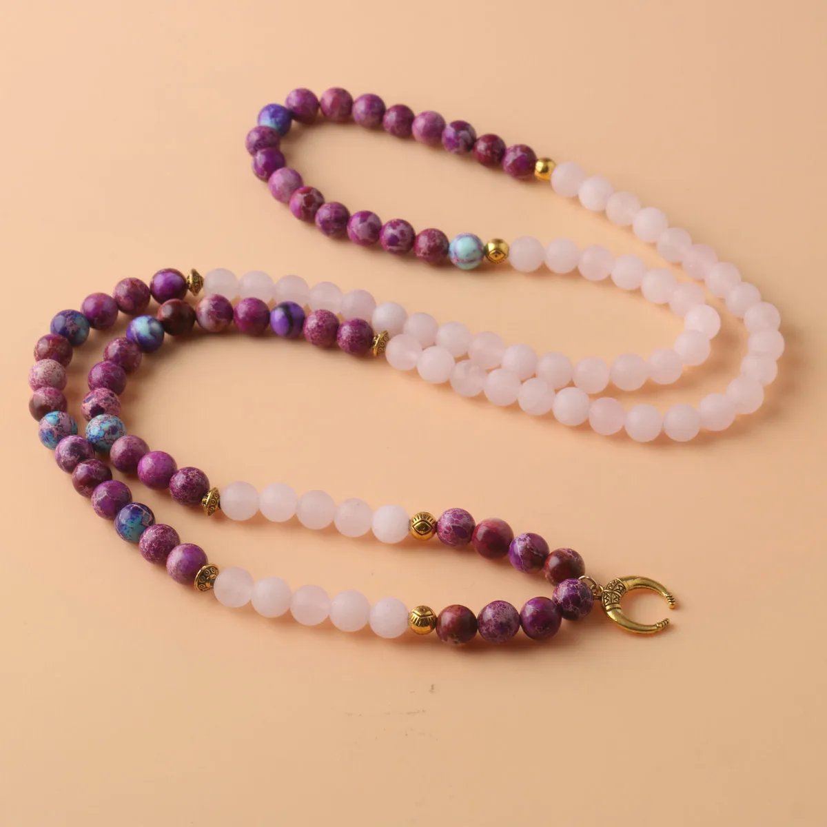 Women's personalised necklace with Emperor Stone pendant and round pink crystal beads