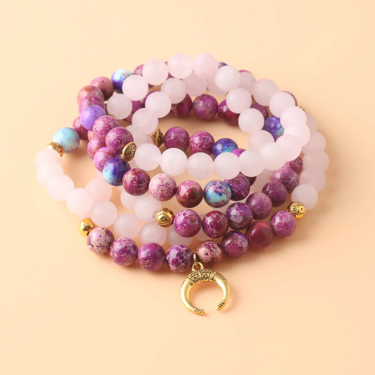 Women's personalised necklace with Emperor Stone pendant and round pink crystal beads