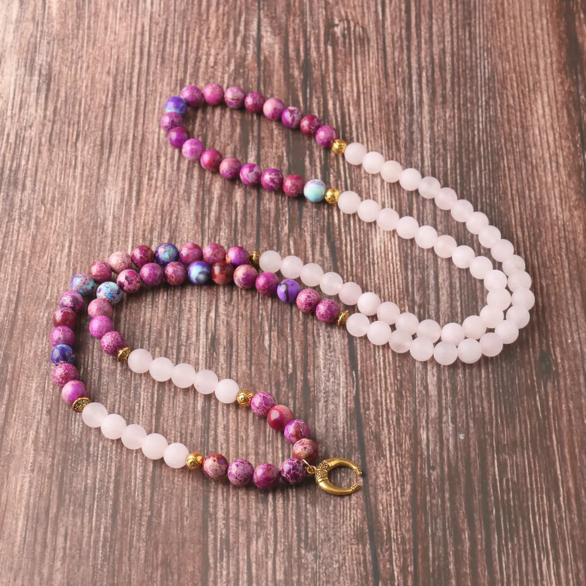 Women's personalised necklace with Emperor Stone pendant and round pink crystal beads