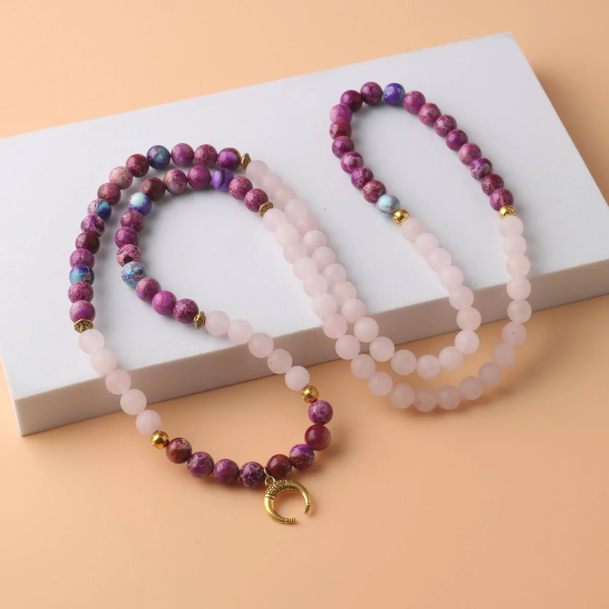 Women's personalised necklace with Emperor Stone pendant and round pink crystal beads