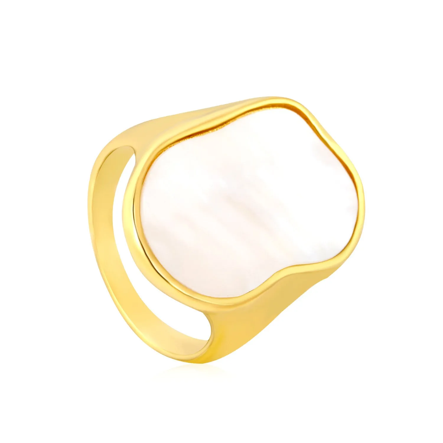 White shell ring with gold plated stainless steel band, diamond and geometric design, for women