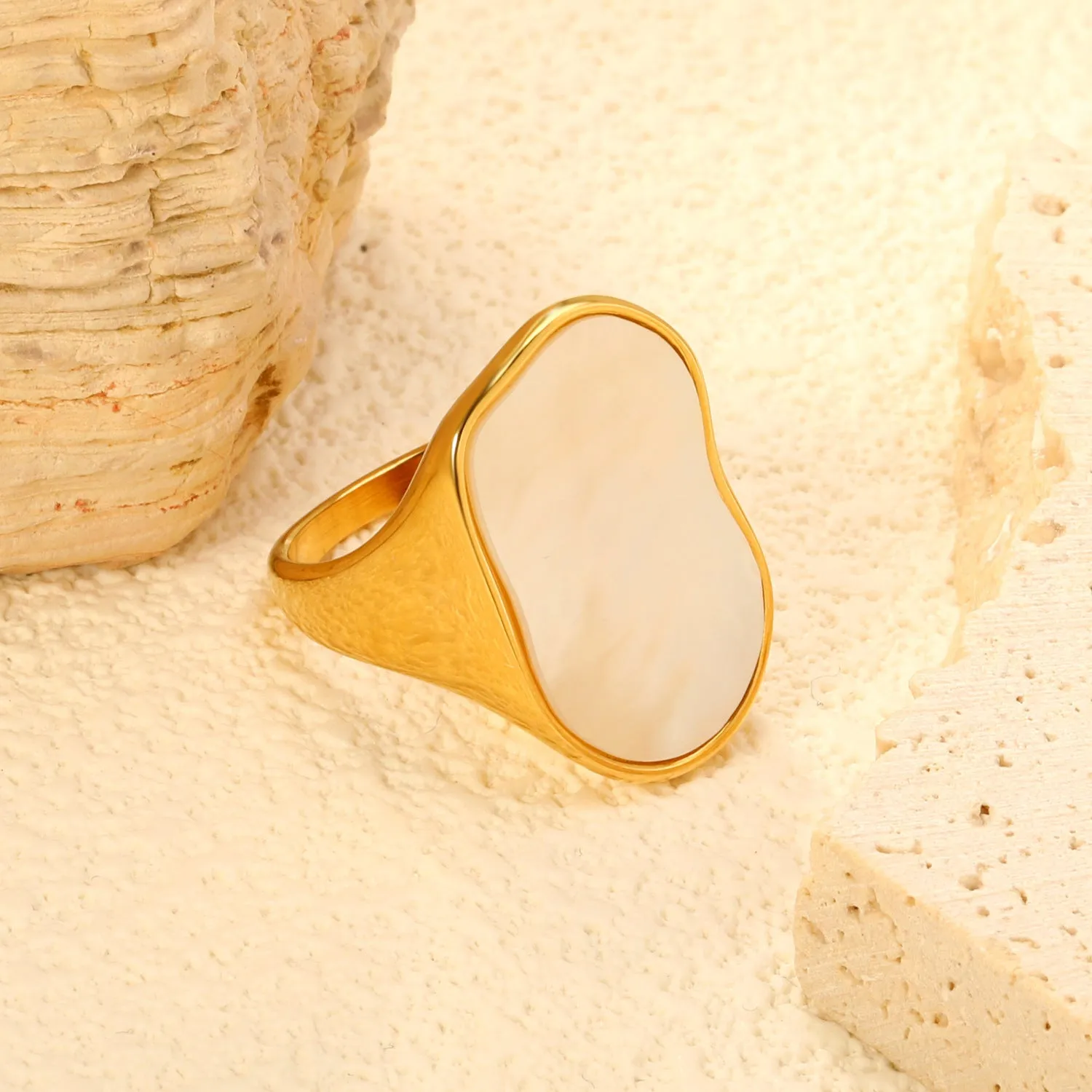 White shell ring with gold plated stainless steel band, diamond and geometric design, for women