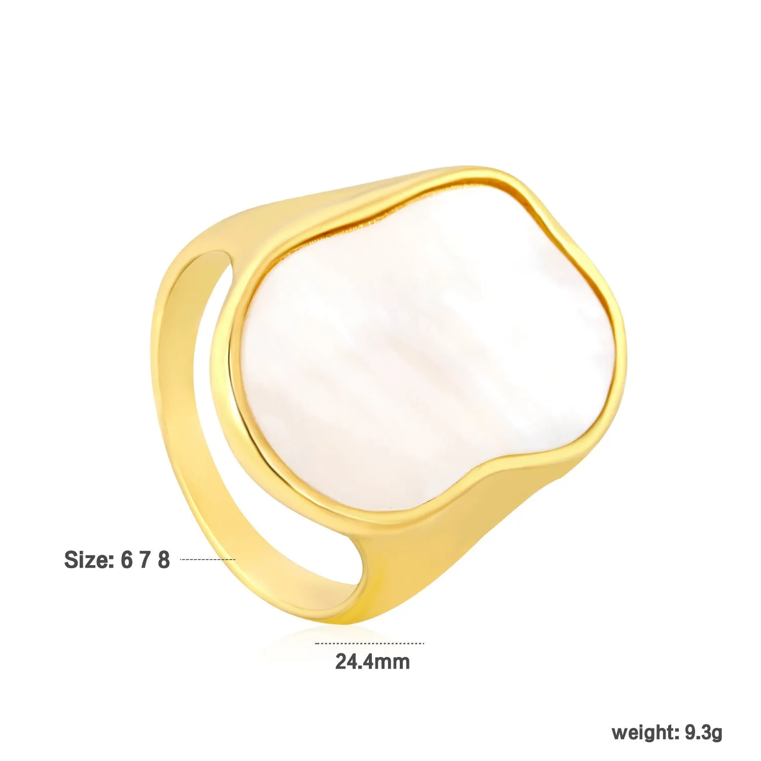 White shell ring with gold plated stainless steel band, diamond and geometric design, for women