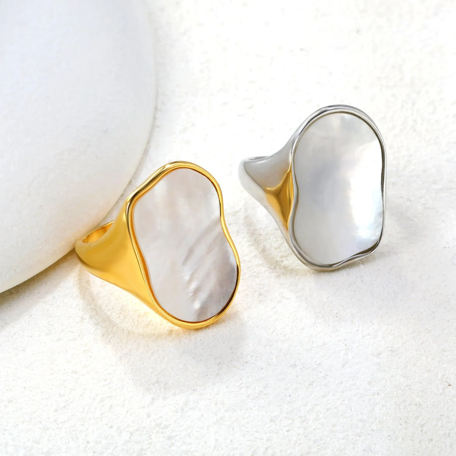 White shell ring with gold plated stainless steel band, diamond and geometric design, for women