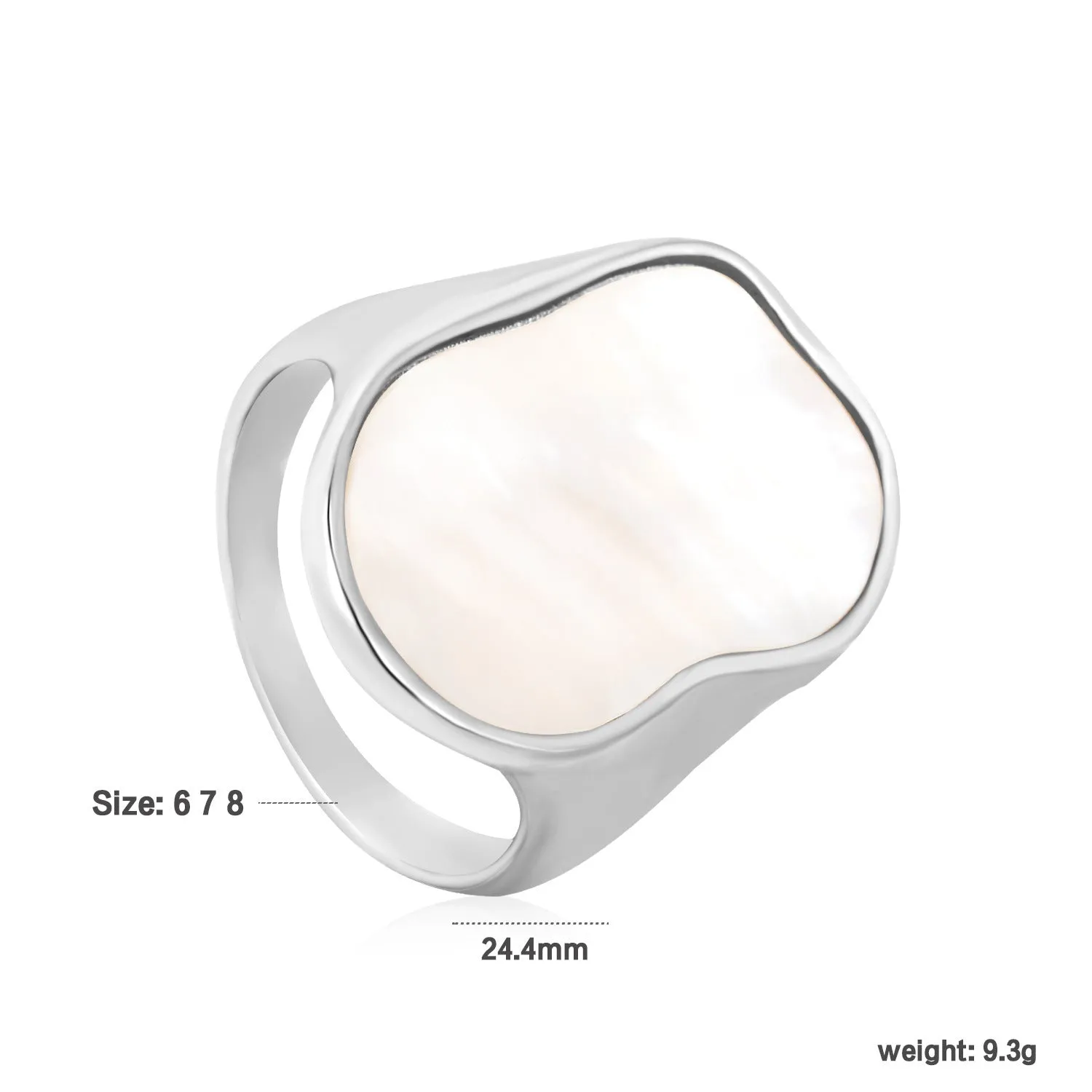 White shell ring with gold plated stainless steel band, diamond and geometric design, for women