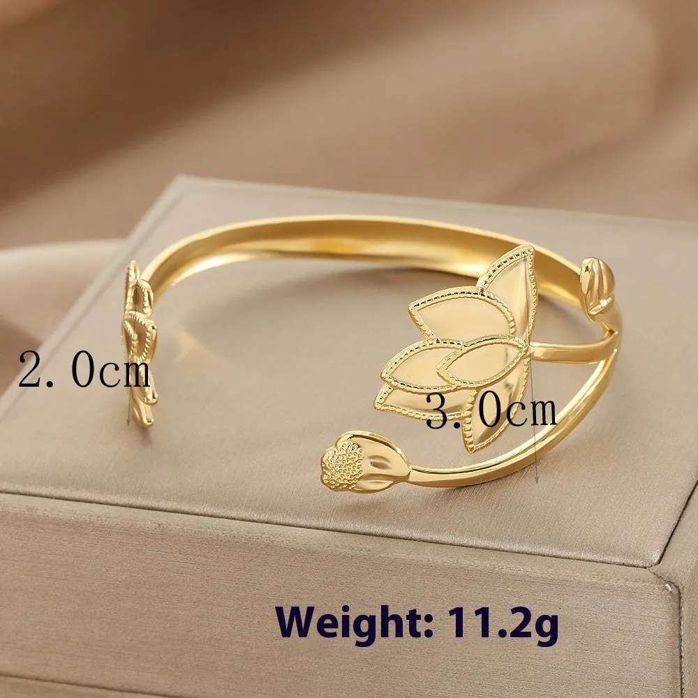 Stainless steel bracelet with lotus ring and glossy stripes, ellipse and line design, electroplated finish