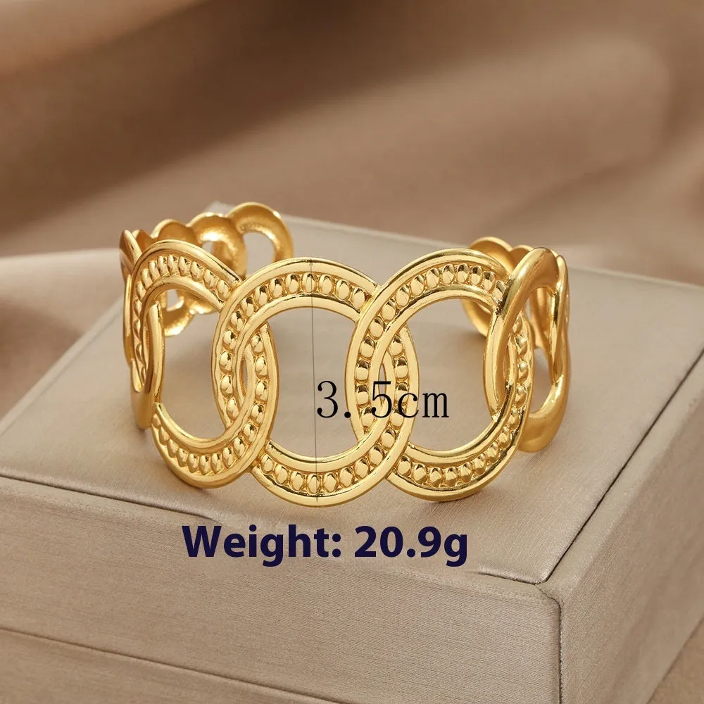 Stainless steel bracelet with lotus ring and glossy stripes, ellipse and line design, electroplated finish