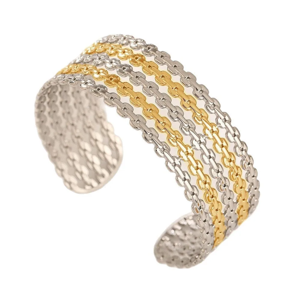Stainless steel bracelet with lotus ring and glossy stripes, ellipse and line design, electroplated finish