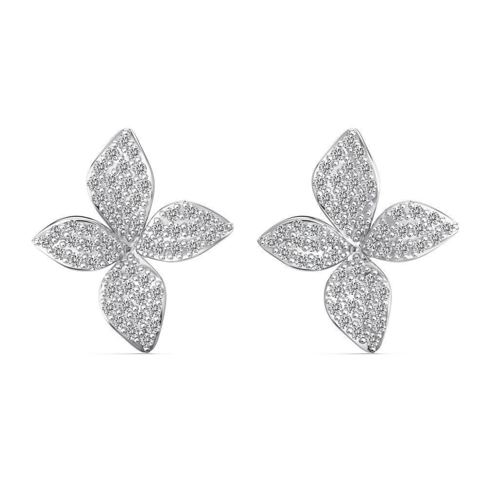925 silver flower design open ring, necklace, and earring suite with white zircon inlay on a white background