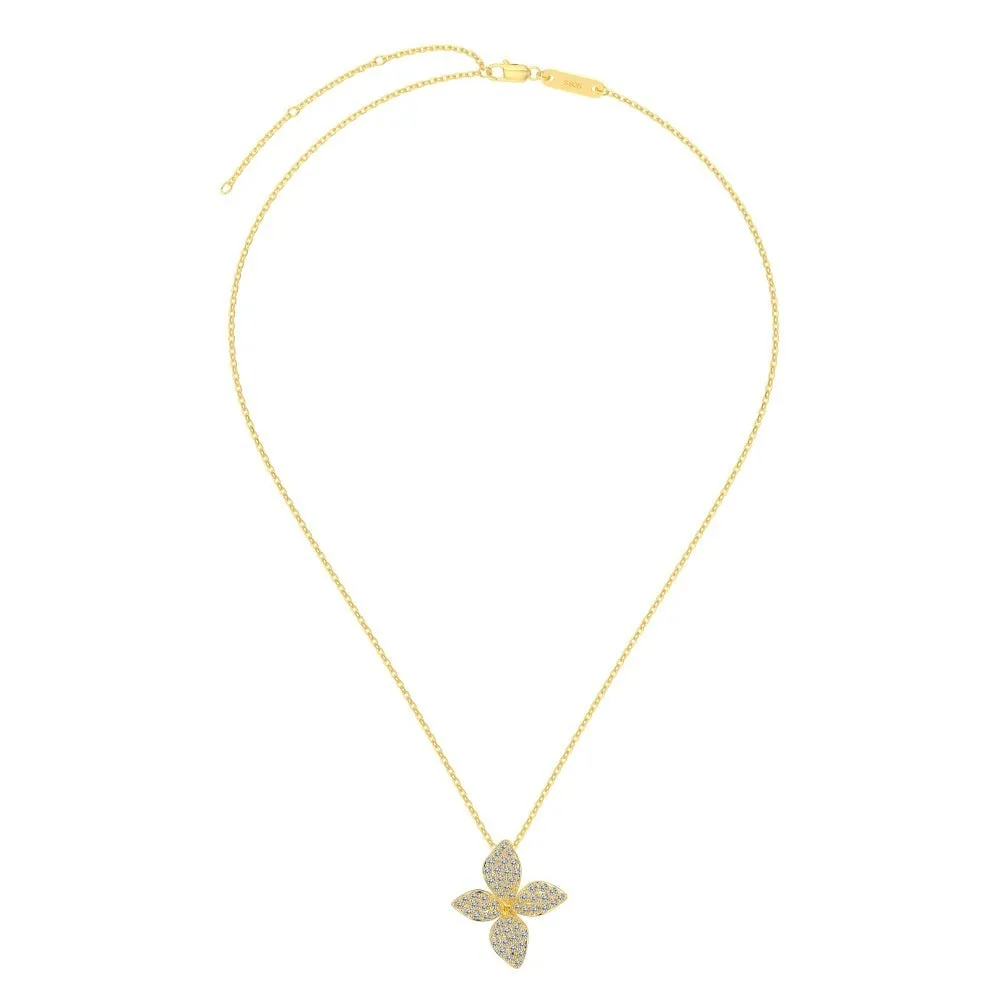 925 silver flower design open ring, necklace, and earring suite with white zircon inlay on a white background