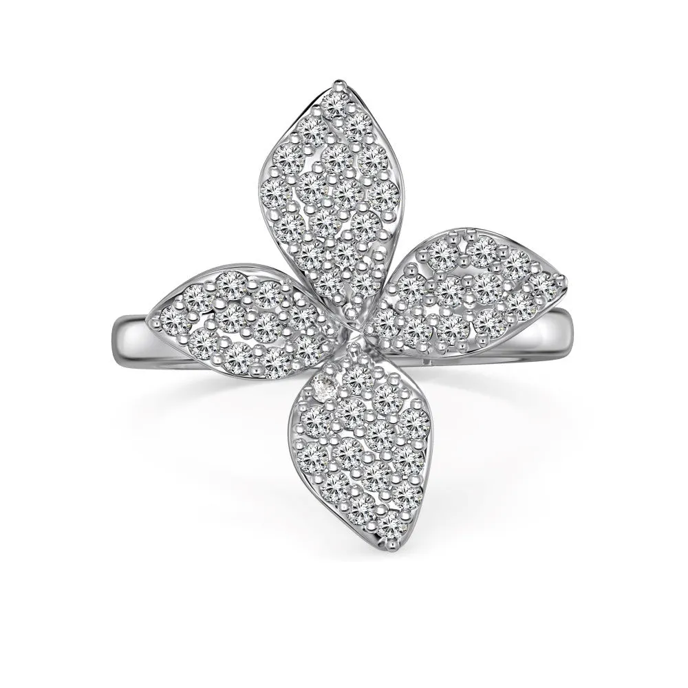 925 silver flower design open ring, necklace, and earring suite with white zircon inlay on a white background