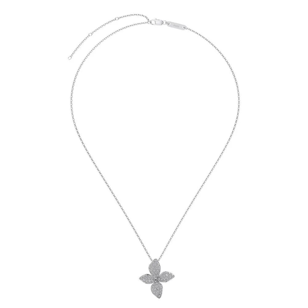 925 silver flower design open ring, necklace, and earring suite with white zircon inlay on a white background