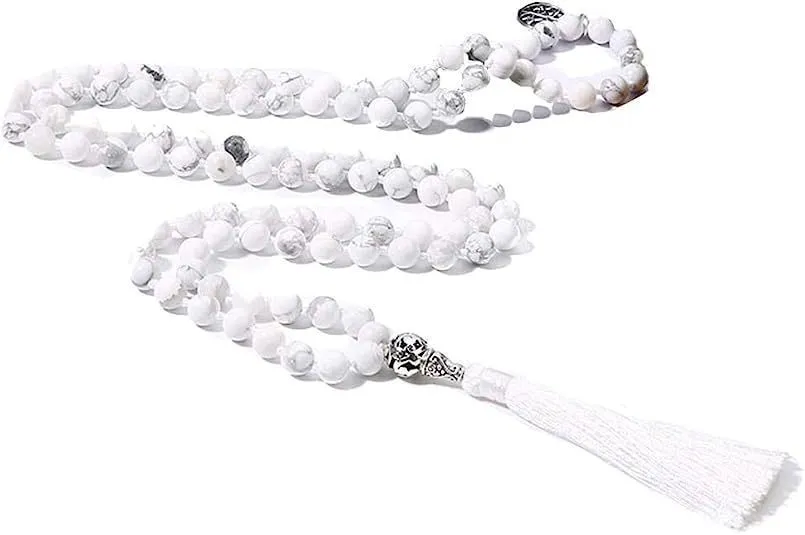 Handmade knotted stone bead necklace with 108 8mm beads in natural colours