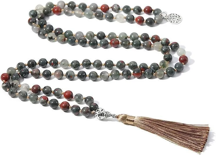 Handmade knotted stone bead necklace with 108 8mm beads in natural colours