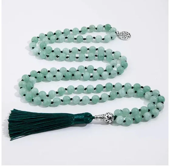 Handmade knotted stone bead necklace with 108 8mm beads in natural colours