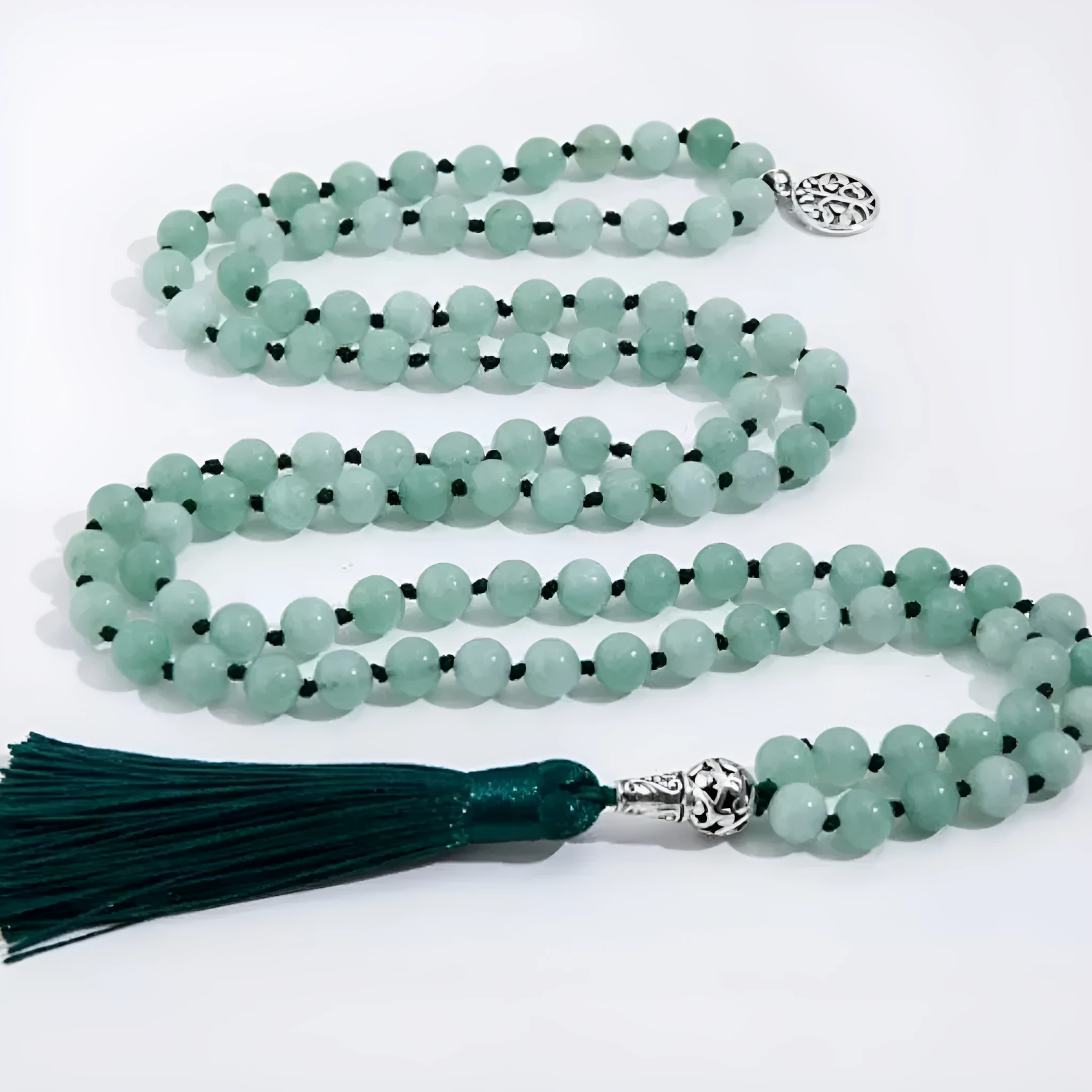 Handmade knotted stone bead necklace with 108 8mm beads in natural colours