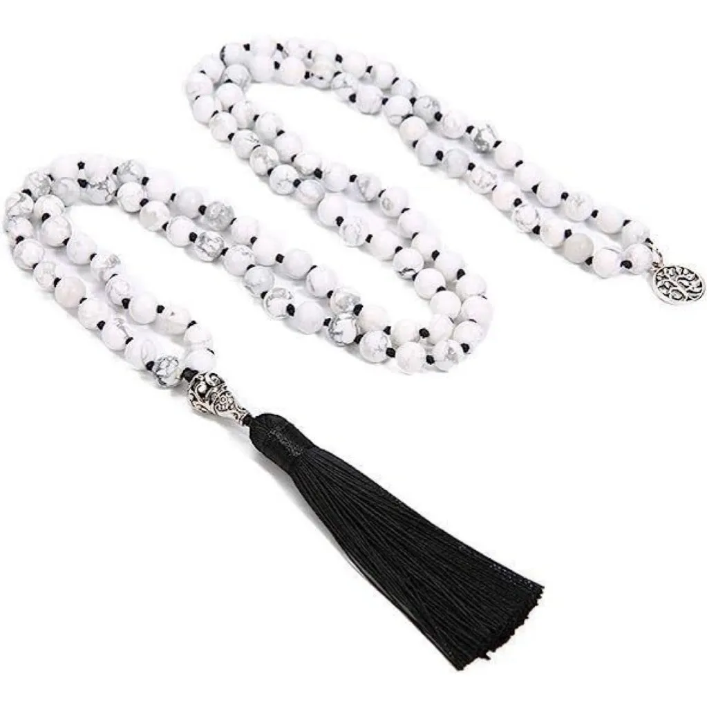 Handmade knotted stone bead necklace with 108 8mm beads in natural colours