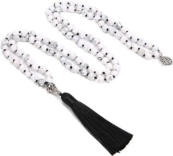 Handmade knotted stone bead necklace with 108 8mm beads in natural colours
