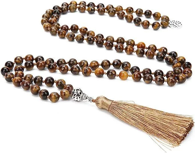 Handmade knotted stone bead necklace with 108 8mm beads in natural colours