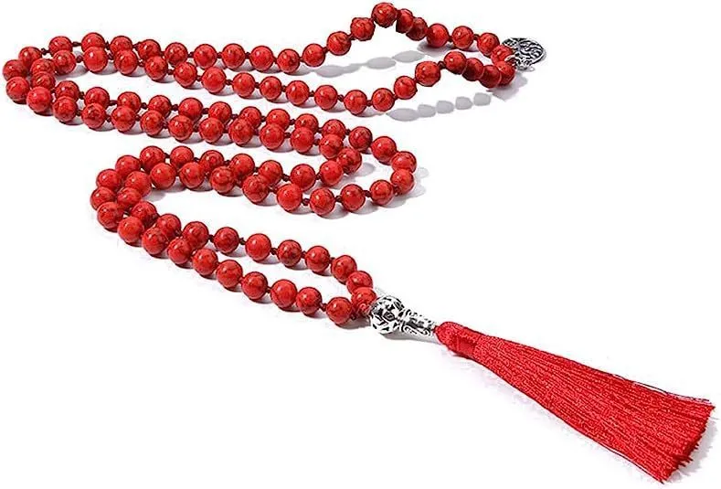 Handmade knotted stone bead necklace with 108 8mm beads in natural colours