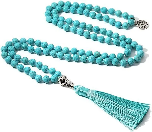 Handmade knotted stone bead necklace with 108 8mm beads in natural colours